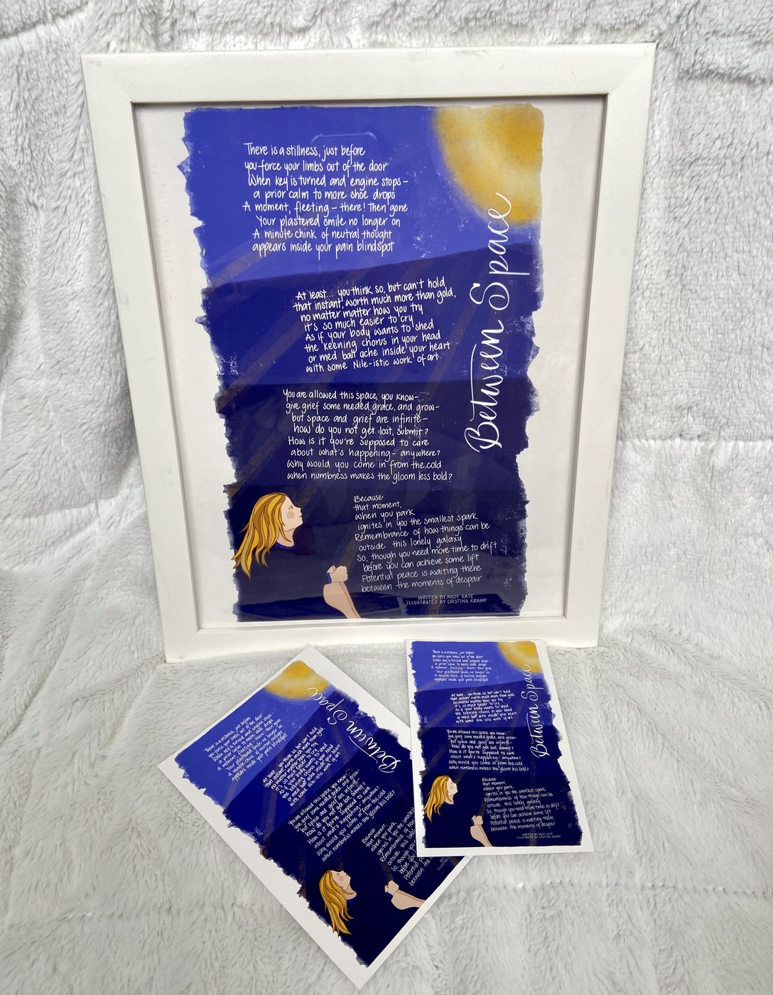 Framed and loose prints of the Between Space poem, illustrated by Cristina Kramp